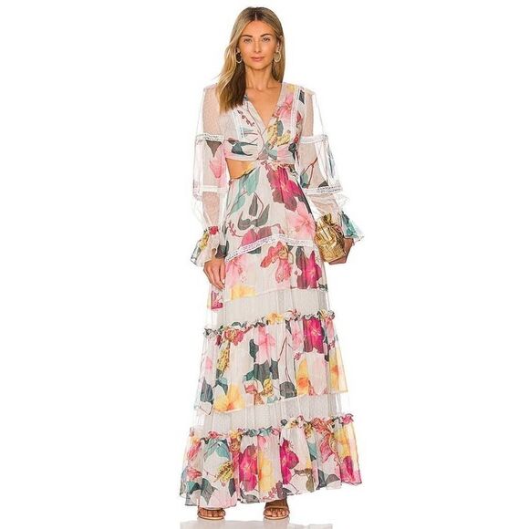 PatBo Hibiscus Lace Trim Cut Out Maxi Dress in Vanilla US2 - Picture 2 of 9